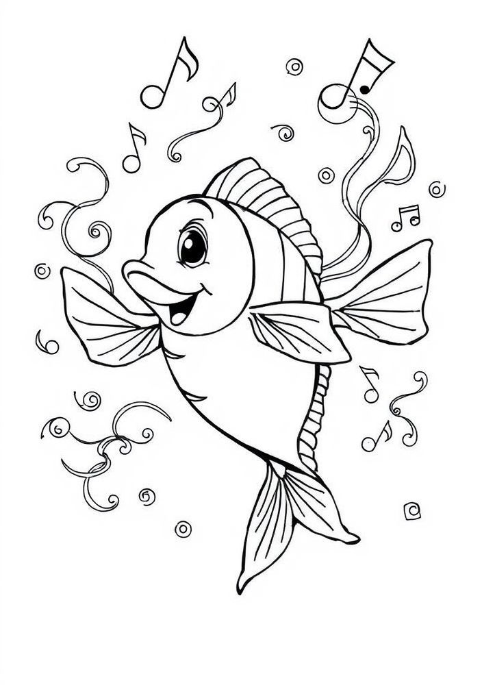 Desenho de Peixe Dançando com Musicais para colorir