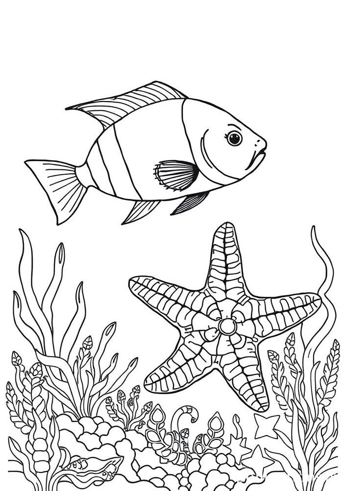 Desenho de Peixe e Estrelas-do-mar para colorir