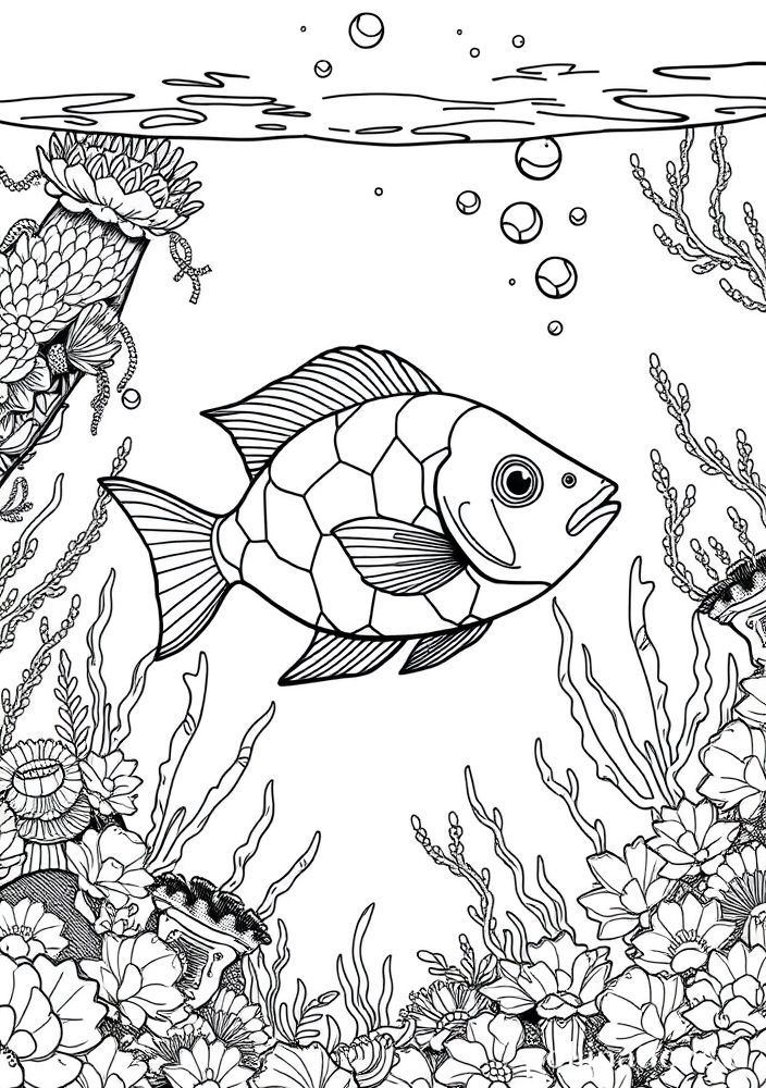Desenho de Peixinho em um Aquário para colorir