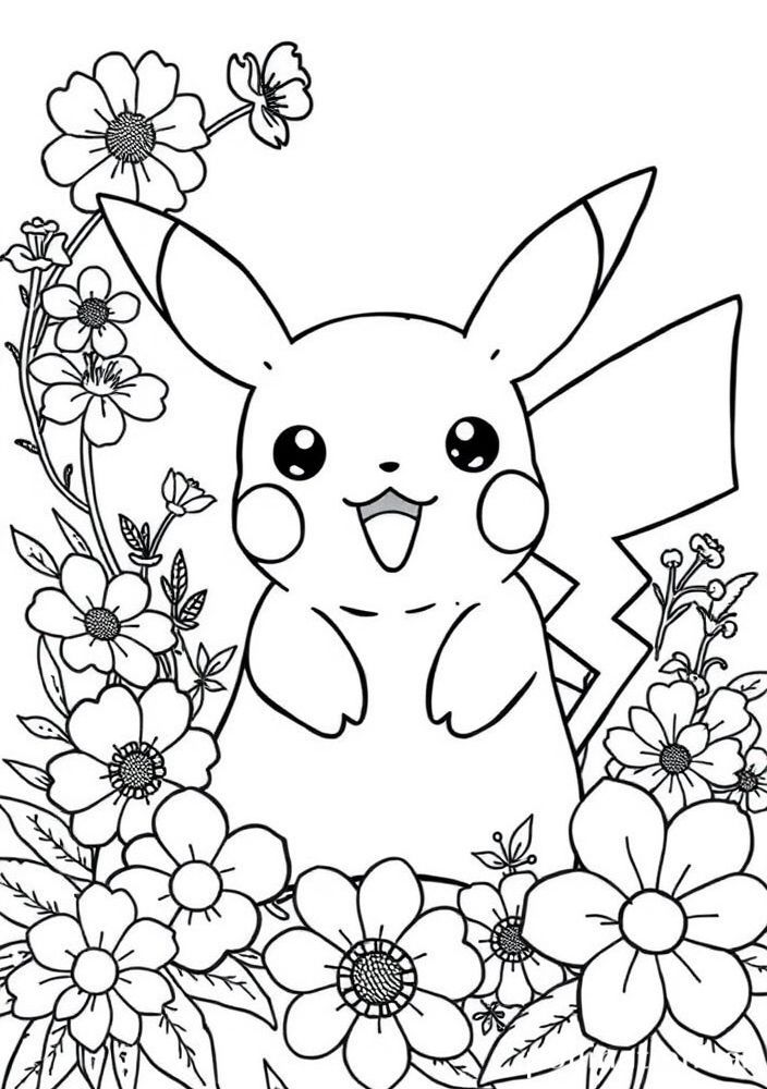 Desenho de Pikachu com flores para colorir