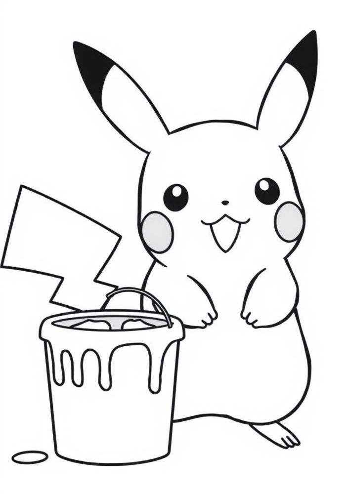 Desenho de Pikachu com um balde de tinta para colorir