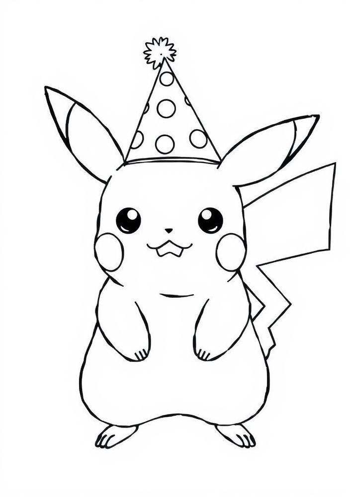 Desenho de Pikachu com um chapéu de festa para colorir