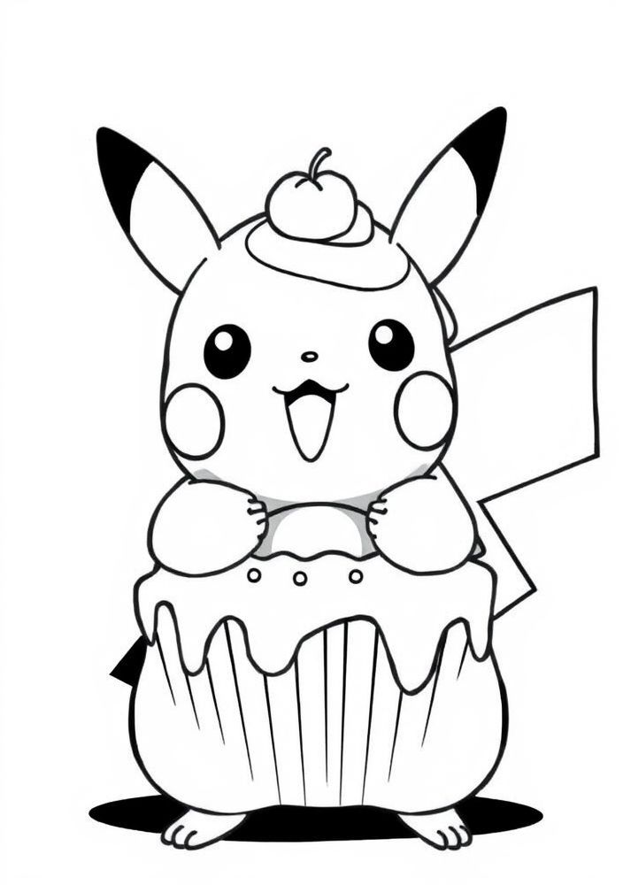 Desenho de Pikachu com um cupcake gigante para colorir