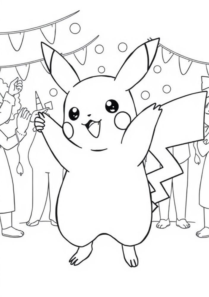 Desenho de Pikachu dançando em uma festa para colorir