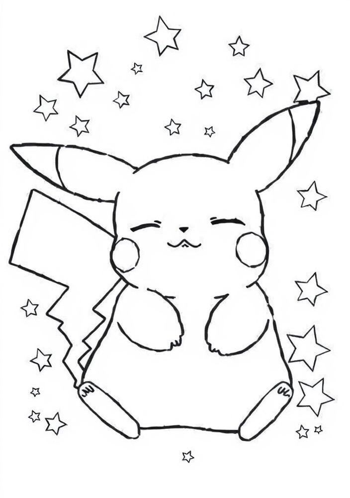 Desenho de Pikachu dormindo com estrelas para colorir
