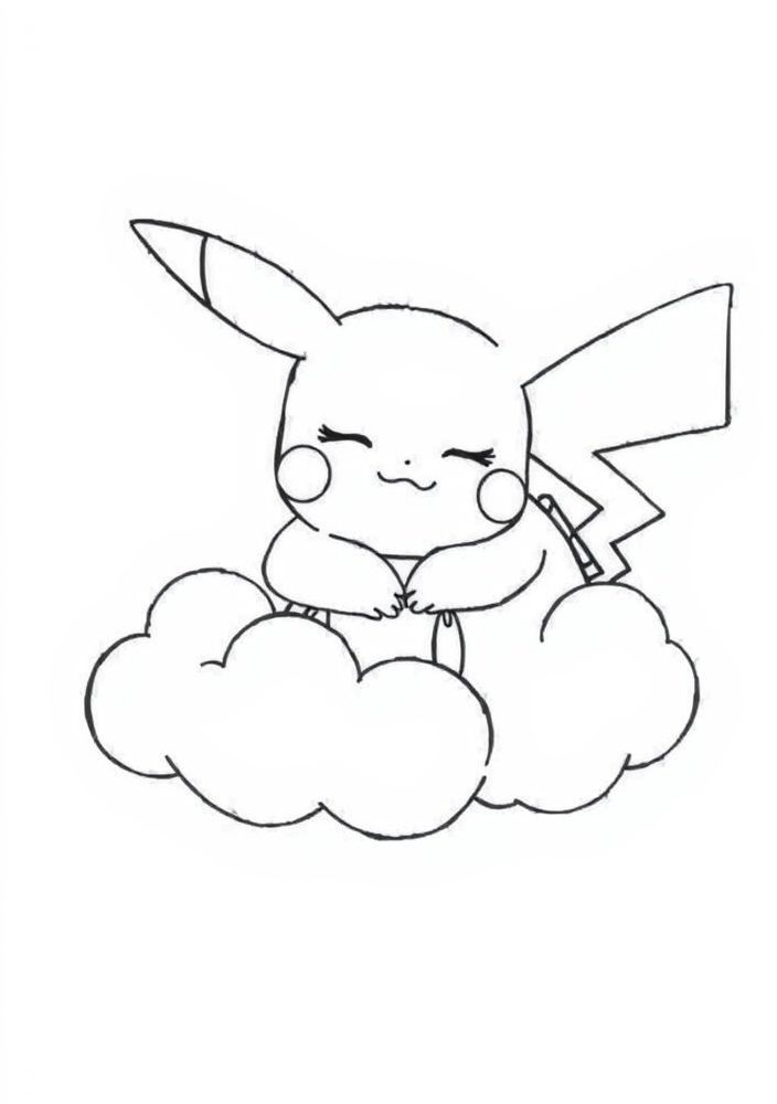 Desenho de Pikachu dormindo em uma nuvem para colorir