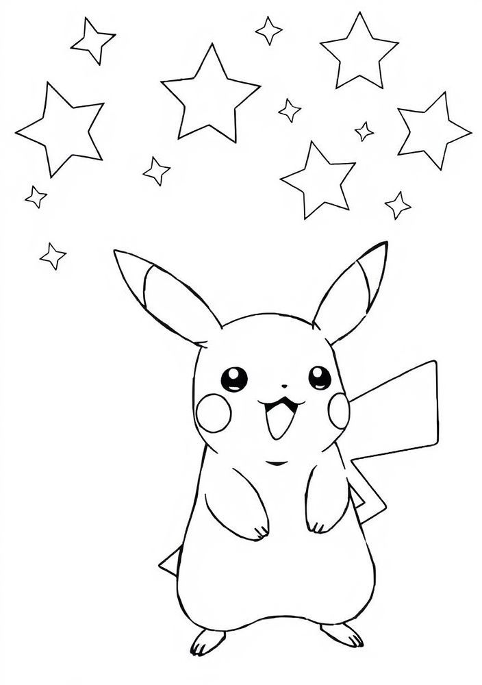 Desenho de Pikachu e chuva de estrelas para colorir