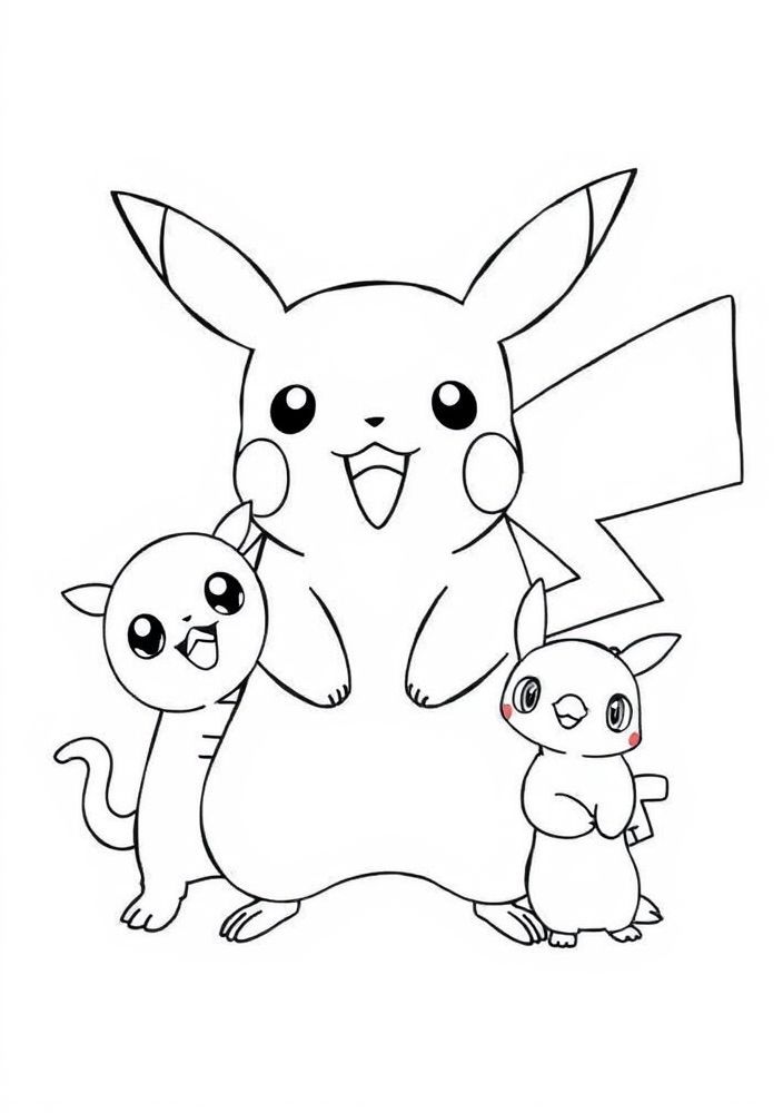 Desenho de Pikachu e seus amigos felizes para colorir