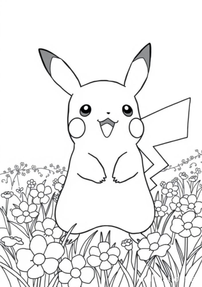 Desenho de Pikachu em um campo de flores para colorir