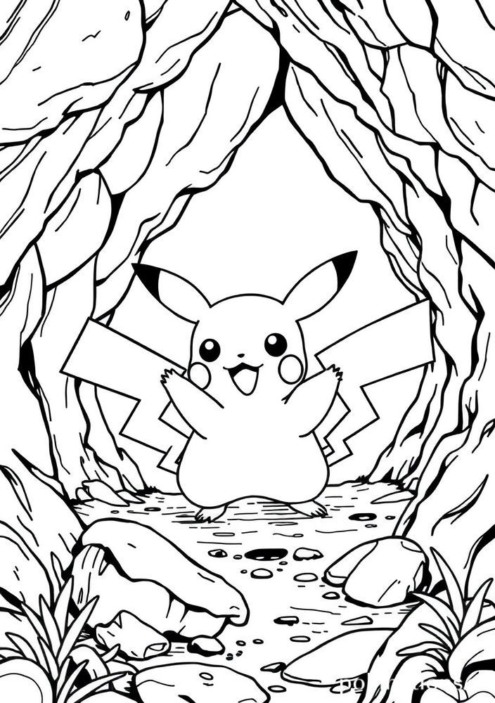 Desenho de Pikachu explorando uma caverna para colorir
