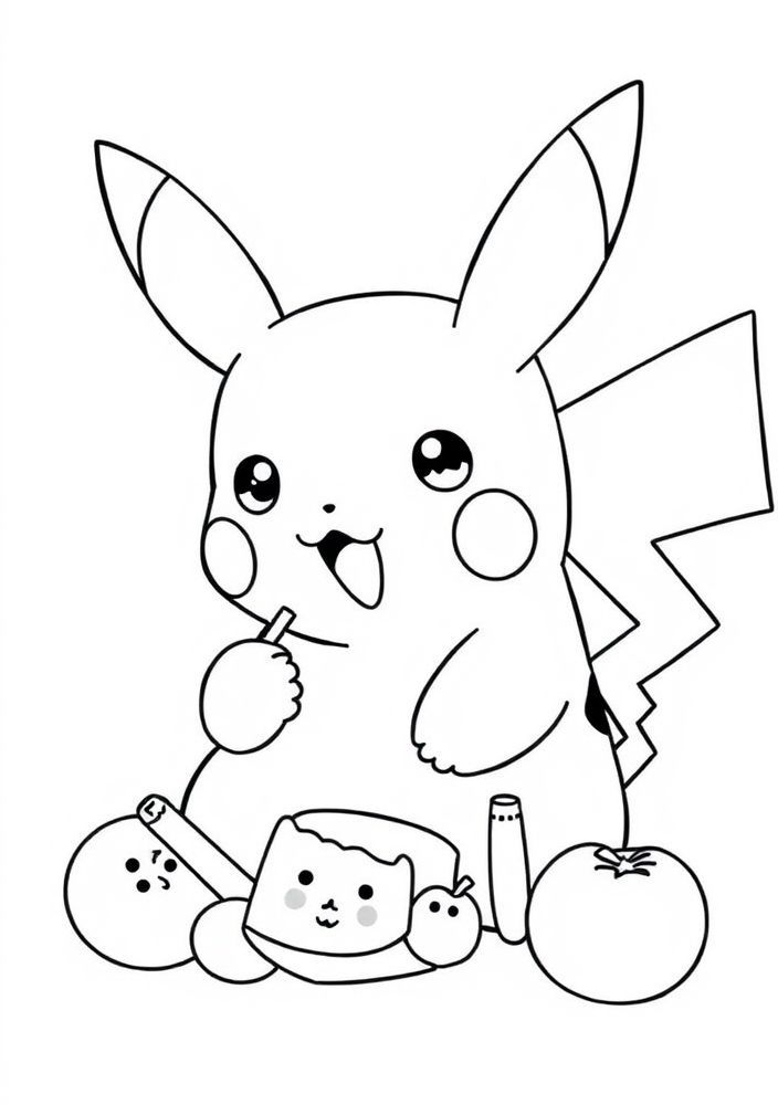 Desenho de Pikachu fazendo um lanche com frutas para colorir