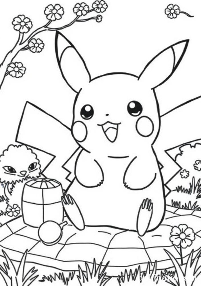 Desenho de Pikachu fazendo um piquenique para colorir