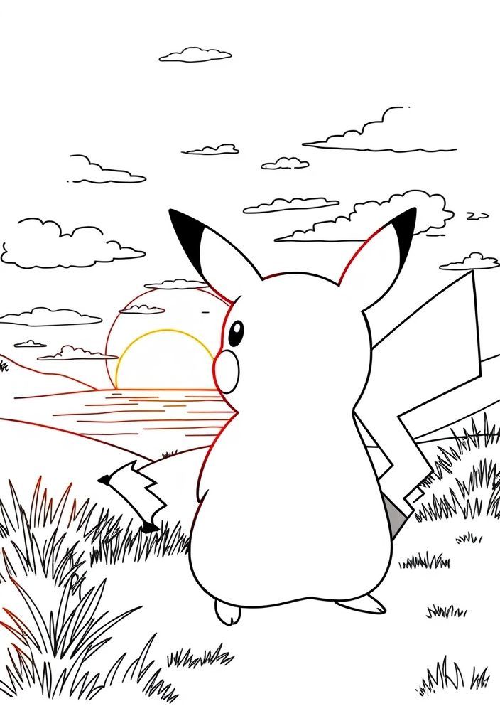 Desenho de Pikachu fazendo um pôr do sol bonito para colorir