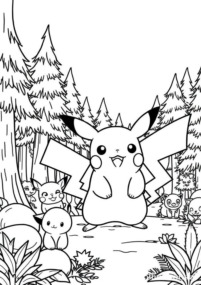 Desenho de Pikachu na floresta com animais para colorir