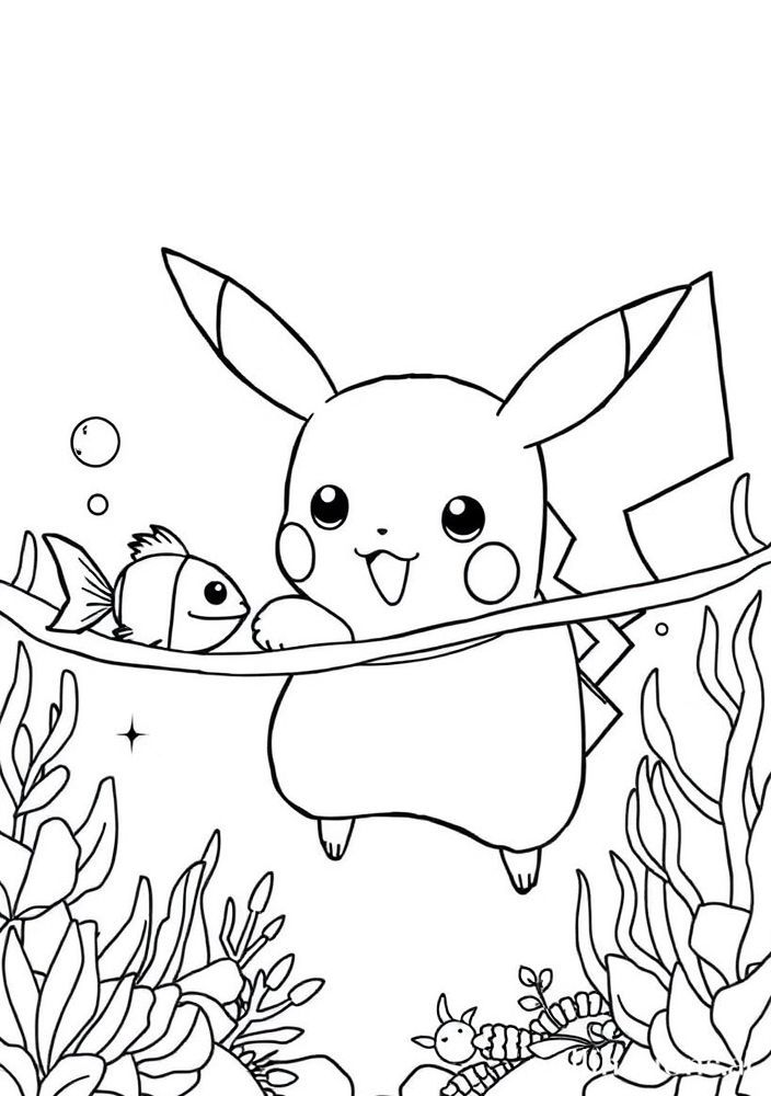 Desenho de Pikachu nadando com peixes para colorir