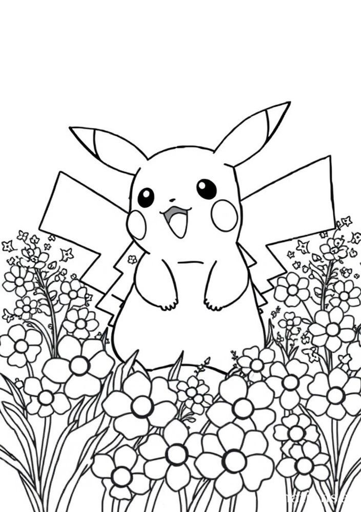 Desenho de Pikachu no campo de flores para colorir
