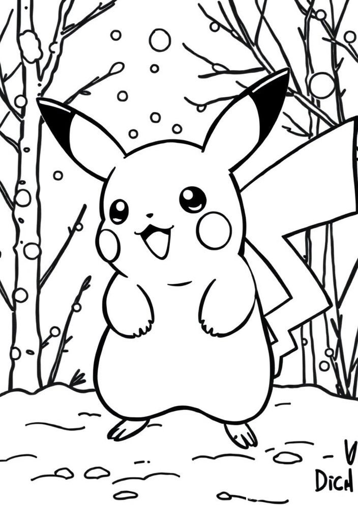 Desenho de Pikachu no inverno com neve para colorir