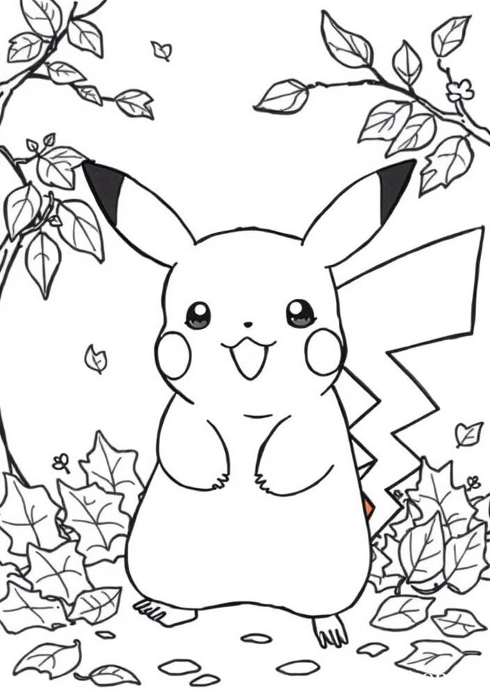 Desenho de Pikachu no outono com folhas caindo para colorir
