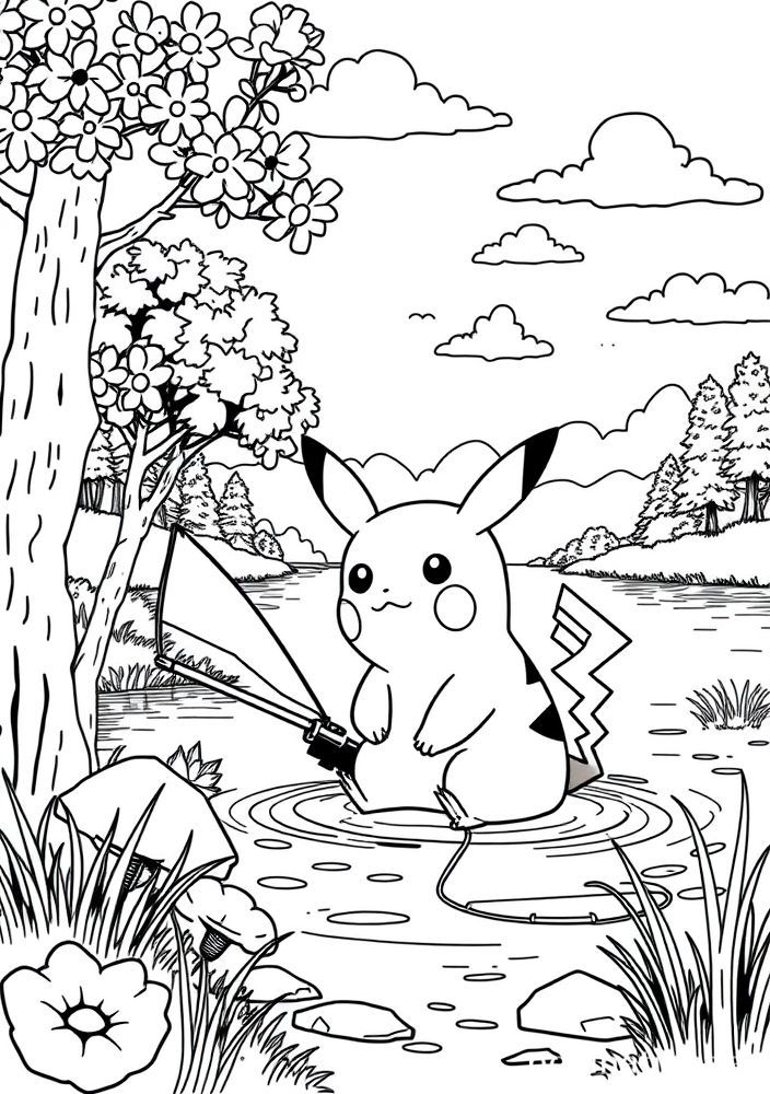 Desenho de Pikachu pescando em um lago para colorir