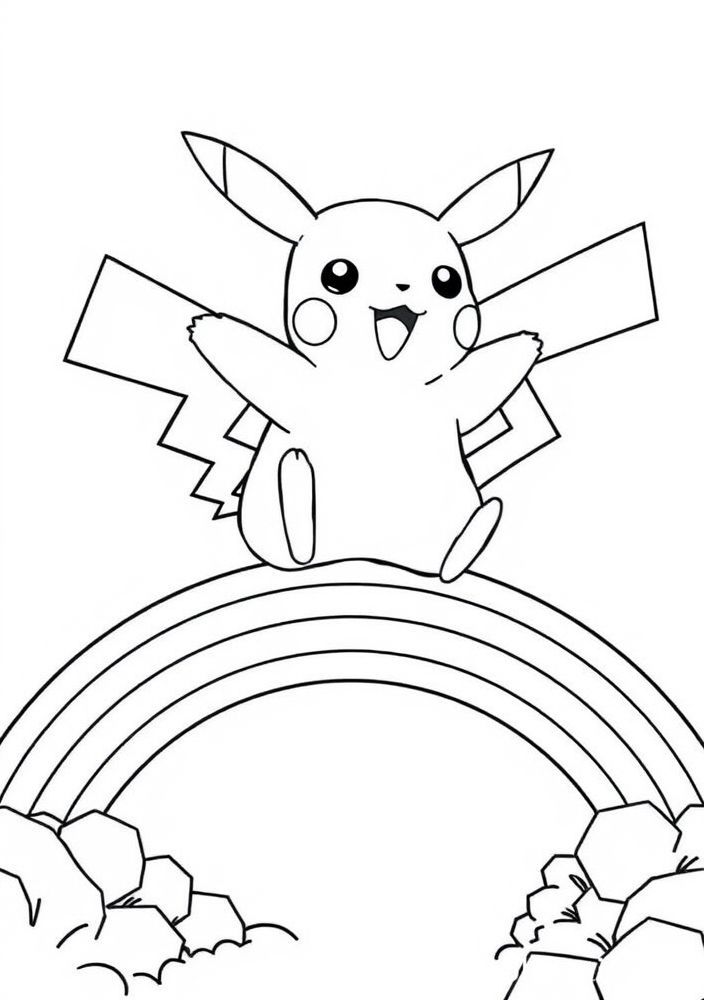 Desenho de Pikachu saltando sobre um arco-íris para colorir