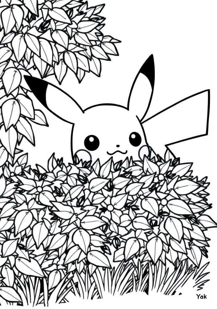Desenho de Pikachu se escondendo atrás de um arbusto para colorir
