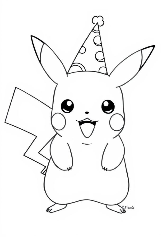 Desenho de Pikachu sorrindo com um chapéu de festa para colorir