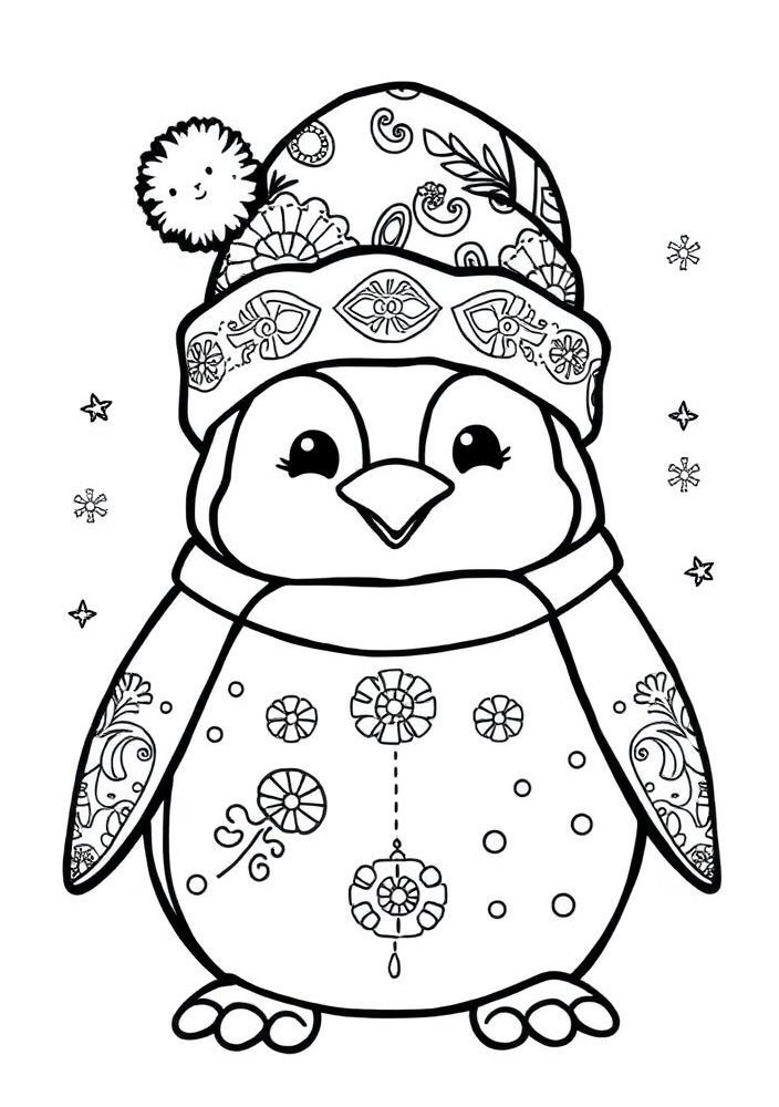 Desenho de Pinguim com chapéu de Natal para colorir