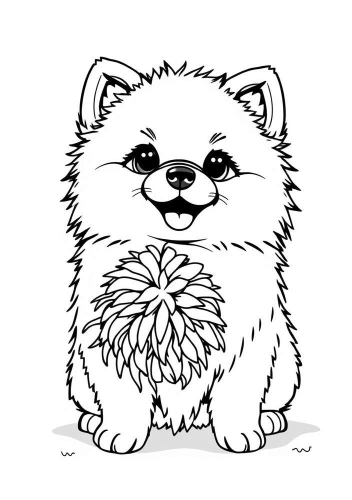 Desenho de Pomeranian brincando com um pompom para colorir