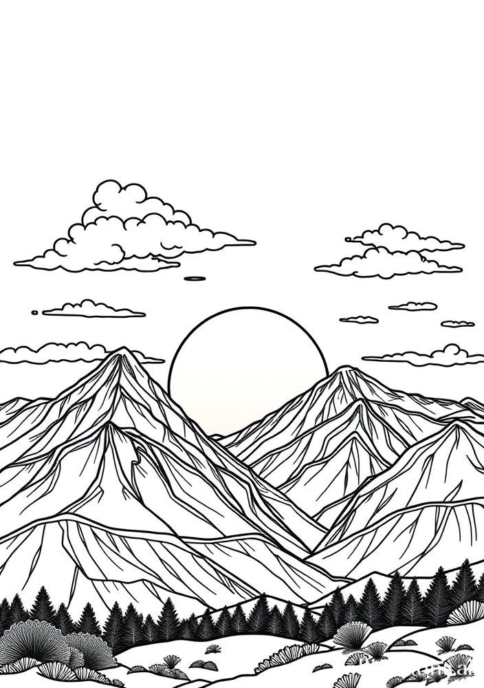 Desenho de Por do Sol na Montanha para colorir