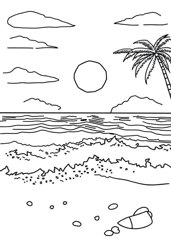 Desenho de Praia com Sol e Surfistas para colorir