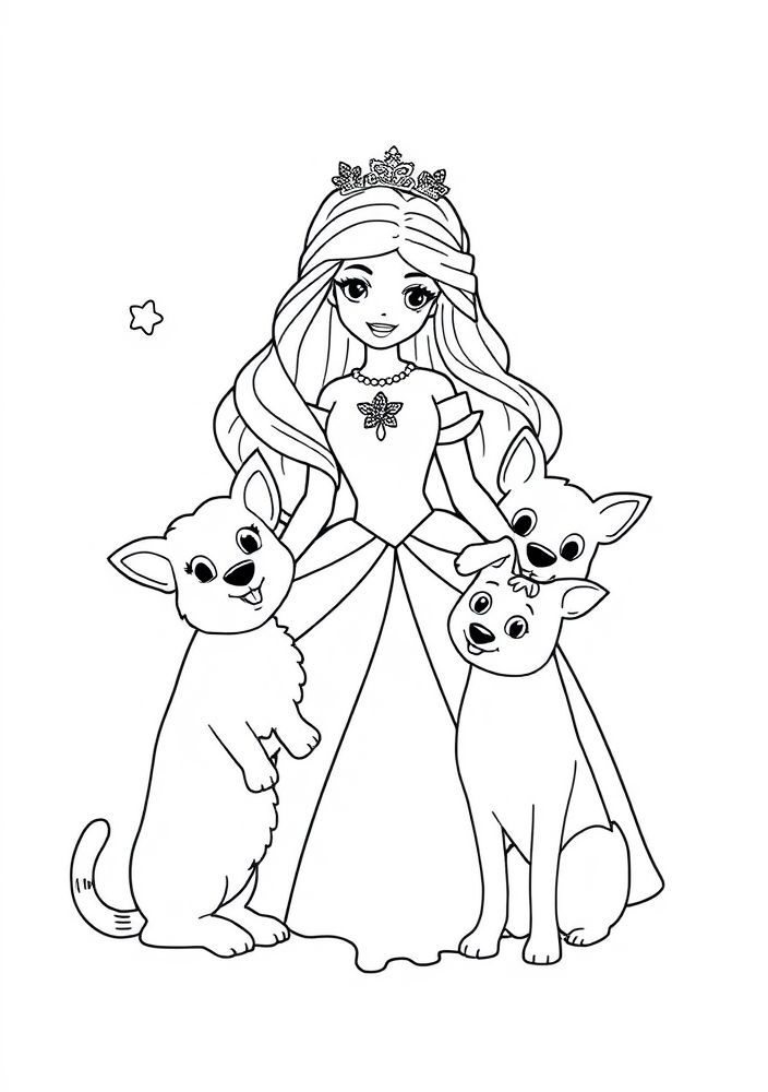 Desenho de Princesa com Animais de Estimação para colorir