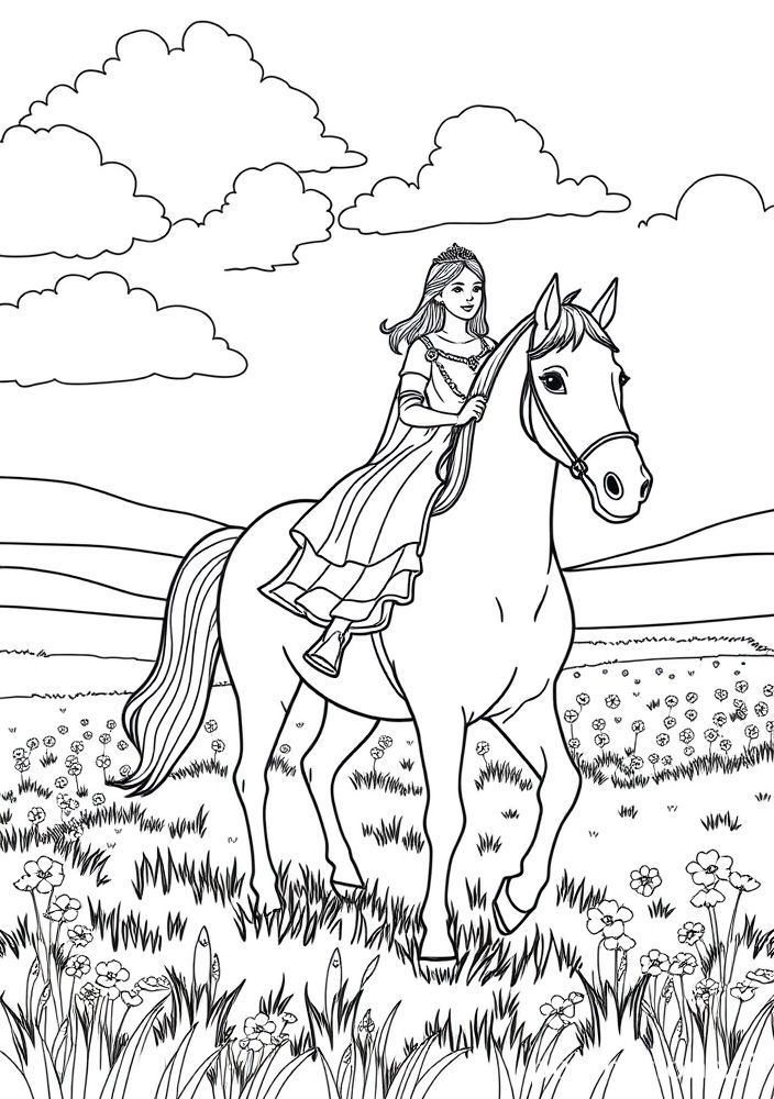 Desenho de Princesa e seu Cavalo para colorir