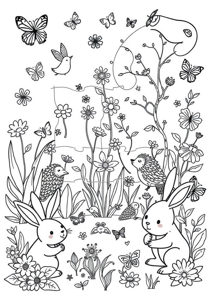 Desenho de Quebra-Cabeça de Animais no Jardim para Colorir