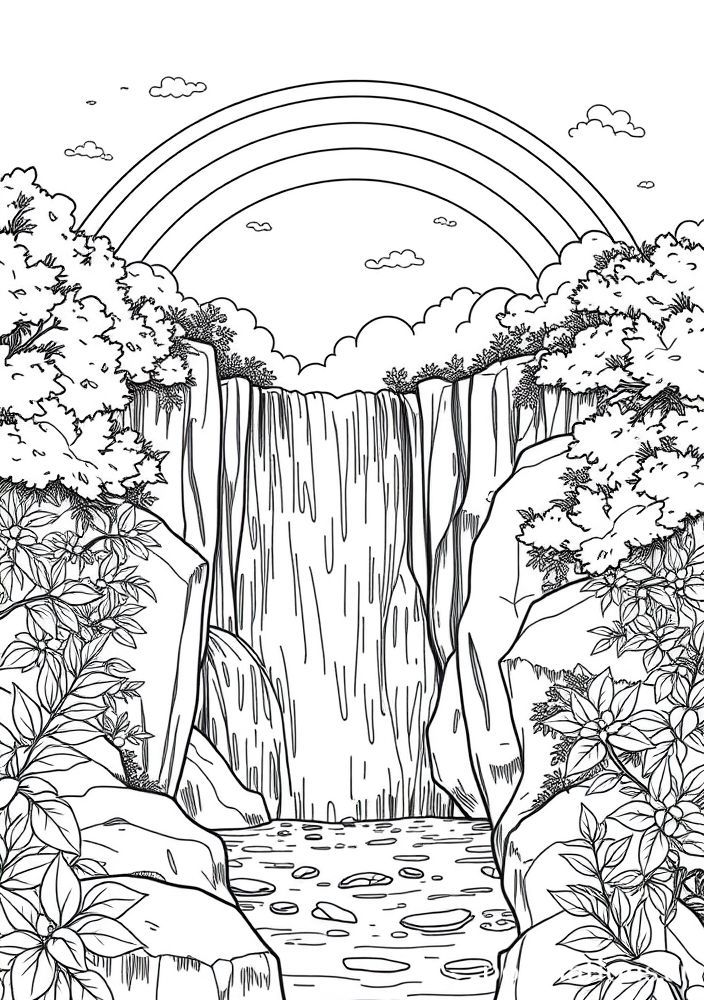 Desenho de Queda de Água e Arco-Íris para colorir