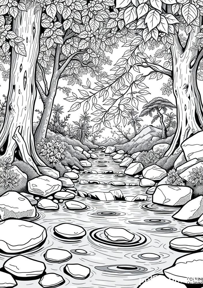 Desenho de Riacho com Pedras para colorir