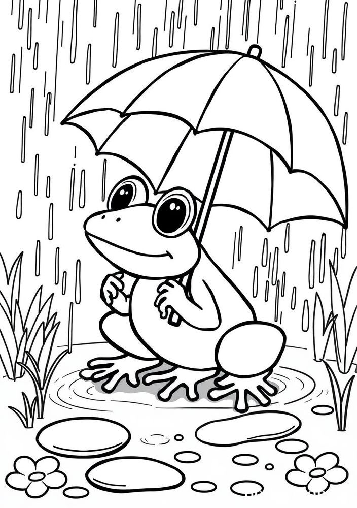 Desenho de Sapo Brincando na Chuva para Colorir
