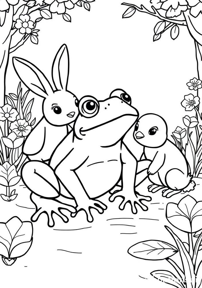 Desenho de Sapo com Amigos Animais para Colorir