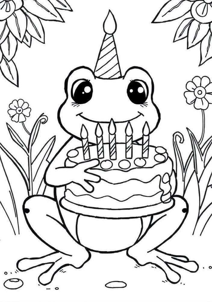 Desenho de Sapo com Bolo de Aniversário para Colorir