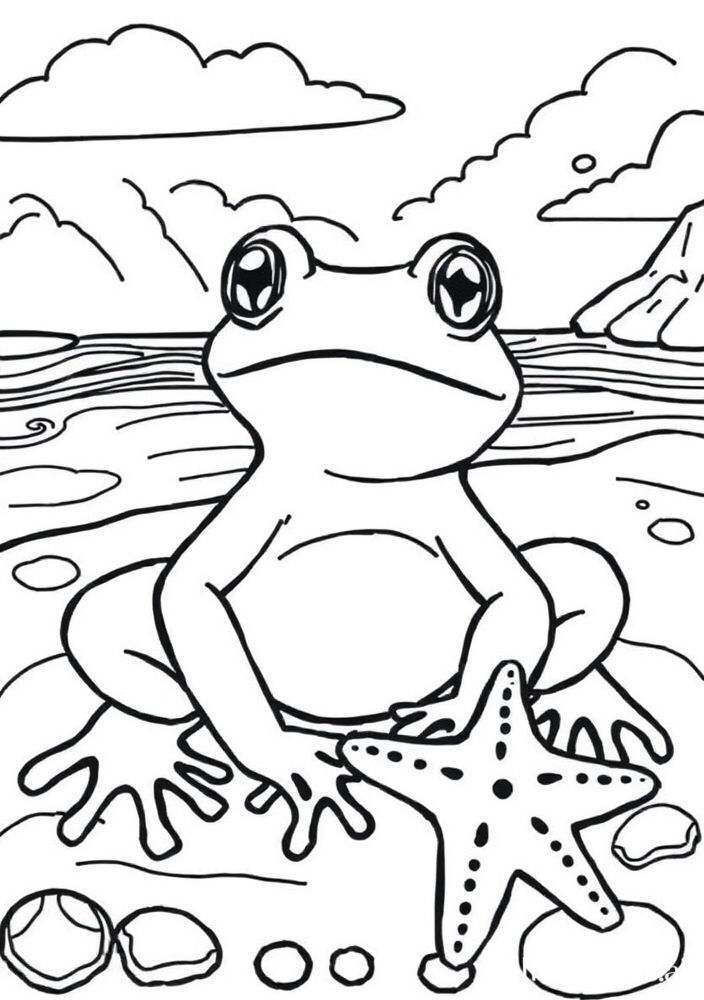 Desenho de Sapo com Estrela do Mar na Praia para Colorir