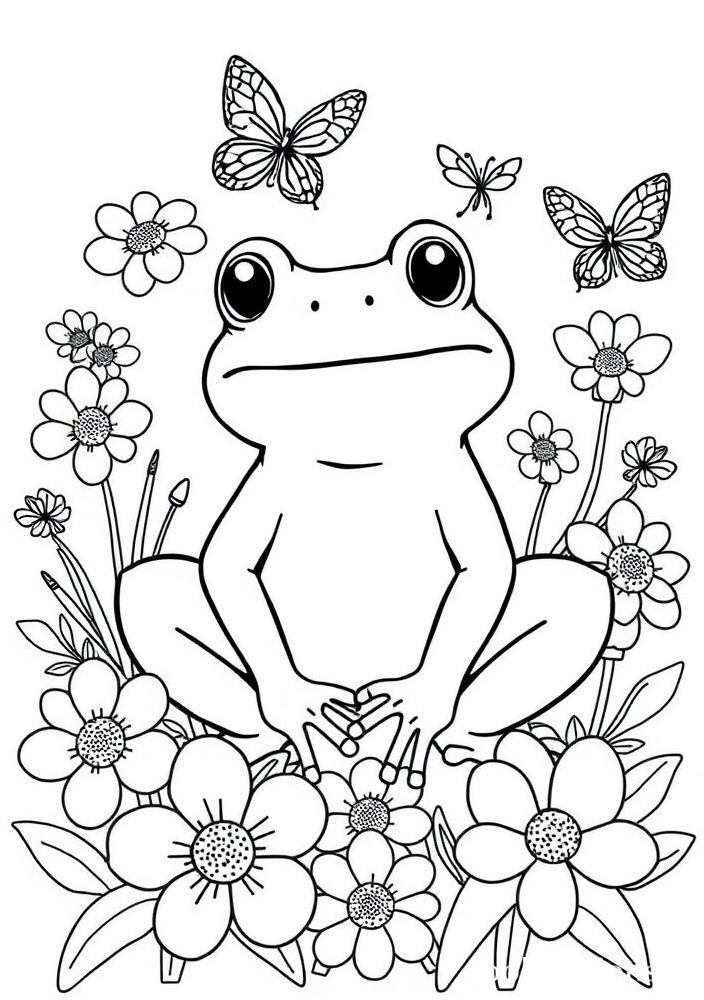 Desenho de Sapo com Flores para colorir