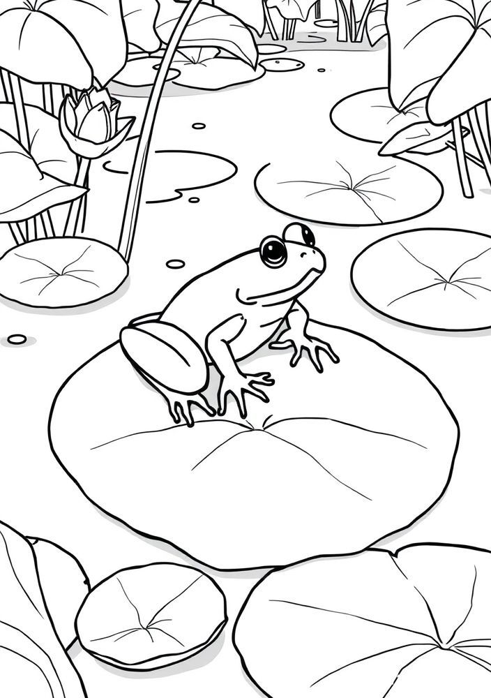 Desenho de Sapo em um Lago com Lírios para Colorir