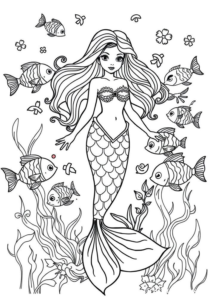 Desenho de Sereia Brilhante com Peixes para colorir