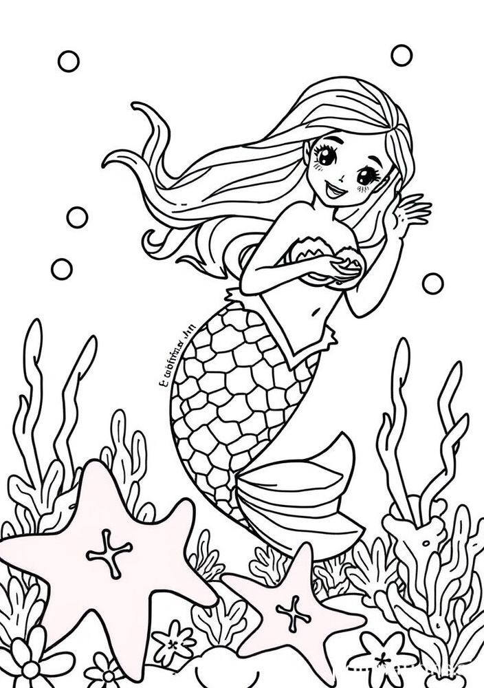 Desenho de Sereia Brincando com Estrelas do Mar para colorir