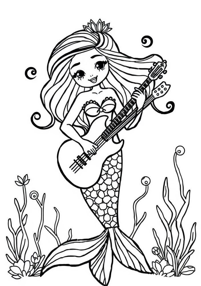 Desenho de Sereia Estilizada com Harmonia Musical para colorir