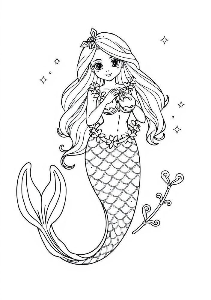 Desenho de Sereia Festiva com Guirlandas para colorir