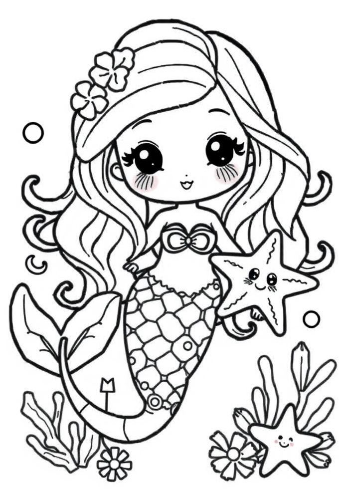 Desenho de Sereia Kawaii com Estrela do Mar para colorir