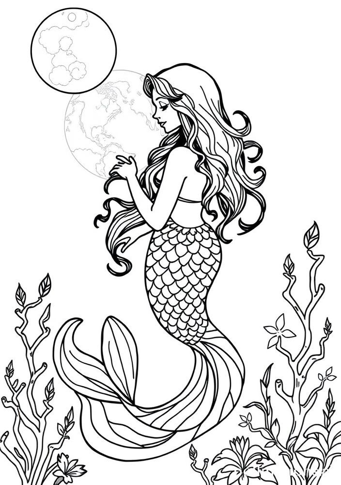 Desenho de Sereia Nocturna com Lua para colorir
