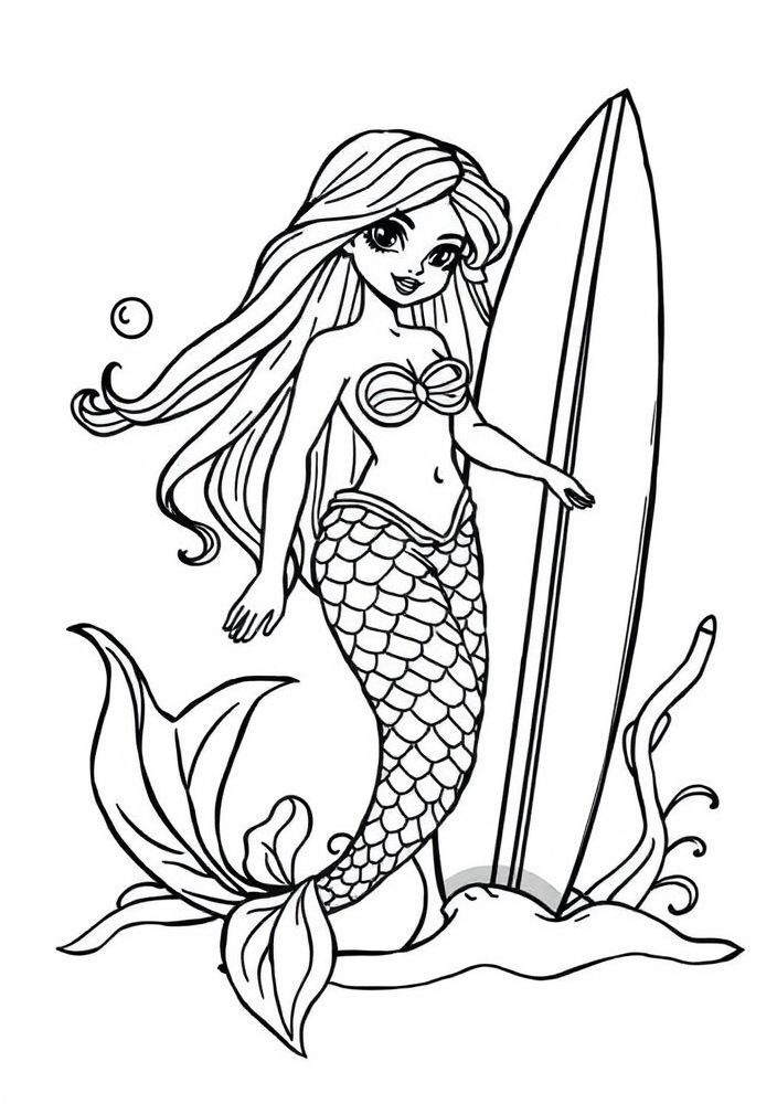 Desenho de Sereia Surfer para colorir