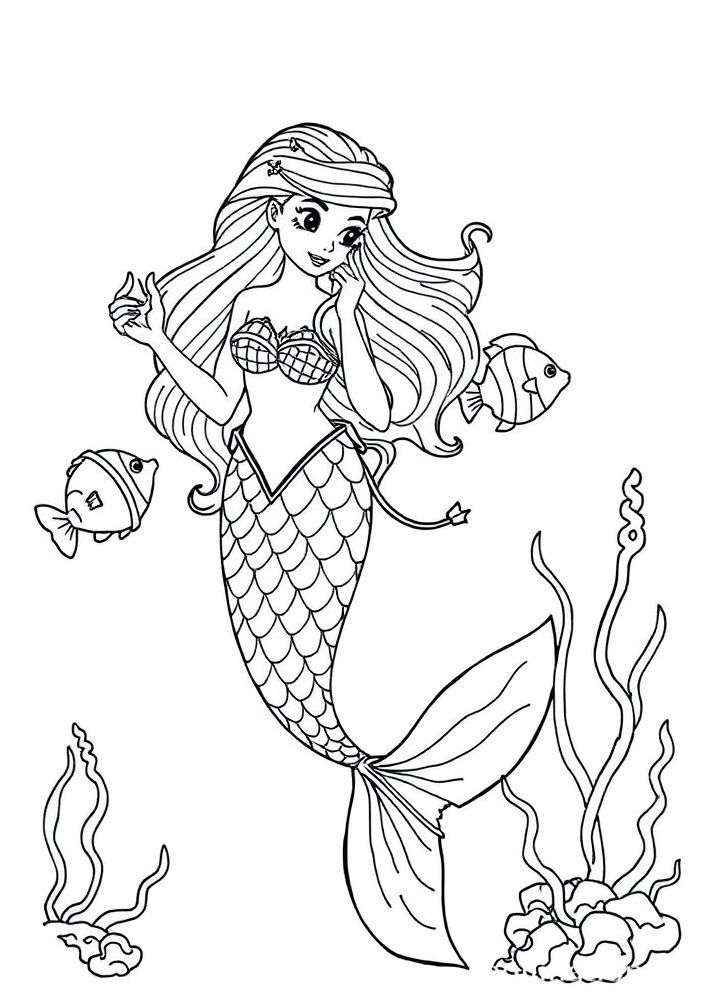 Desenho de Sereia brincando com peixes para colorir