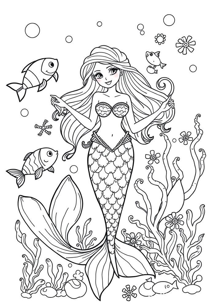 Desenho de Sereia com Animais Marinhos para colorir